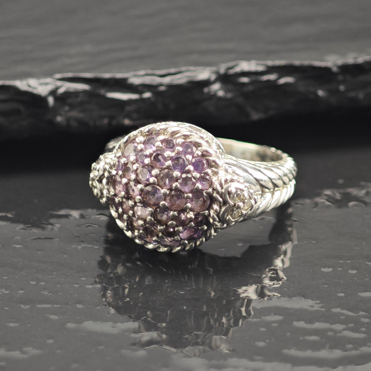 Judith Ripka Amethyst Cluster, CZ Sterling Silver Ring Sz 6 R6757