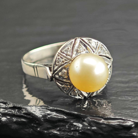 Art Deco Pearl Diamond Palladium Silver Ring Sz 6 1/2 R6715