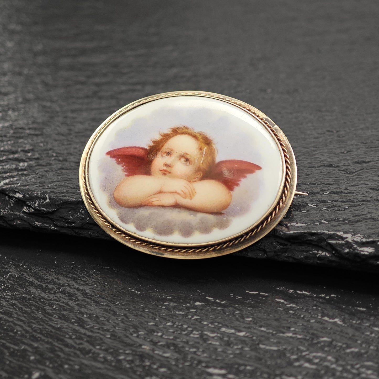 Antique, Victorian Cherub Porcelain Brooch 9-10K Gold