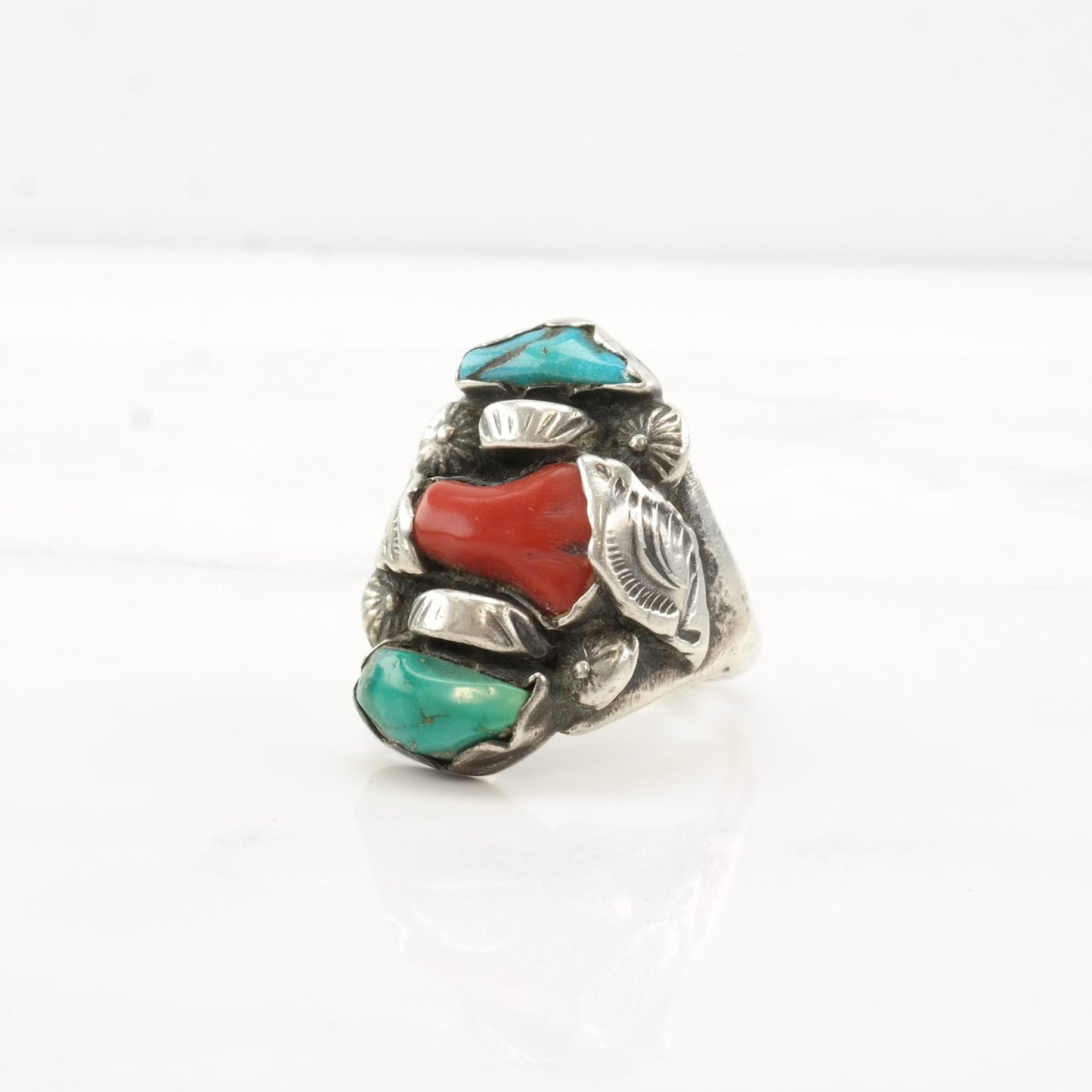 Dan Simplicio Silver Ring Coral Turquoise Leaf Sterling Size 10 3/4