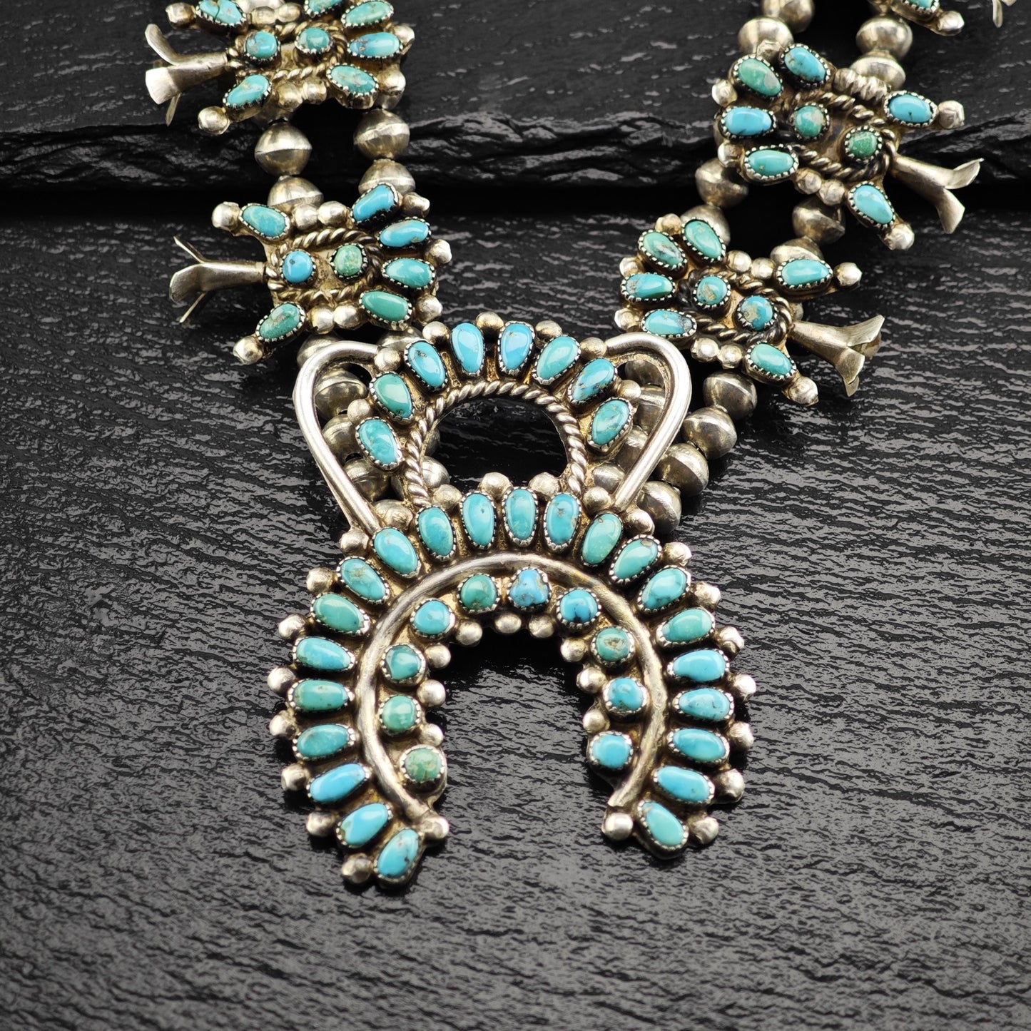 Vintage Zuni Sterling Silver Floral Squash Blossom Necklace with Blue Turquoise Cluster