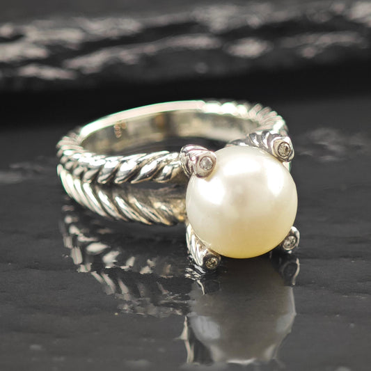 David Yurman 10mm Pearl Diamond Cable Ring Sterling Silver