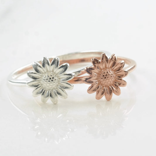 Vintage Minimalist Silver, Rose Gold Plated Ring Flower Sterling Size 6-8