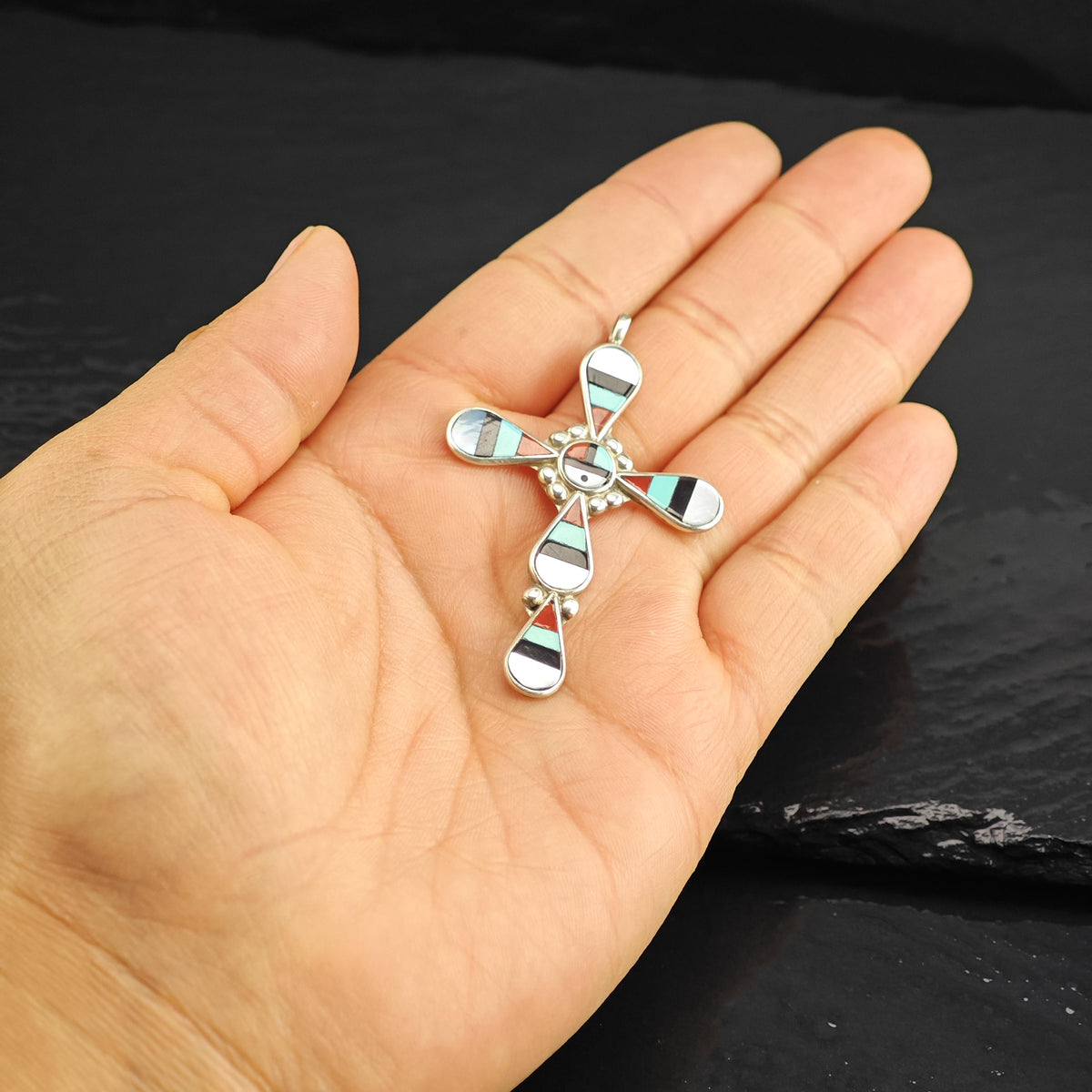 Zuni Sunface Multistone Inlay Cross Sterling Silver Pendant P3139