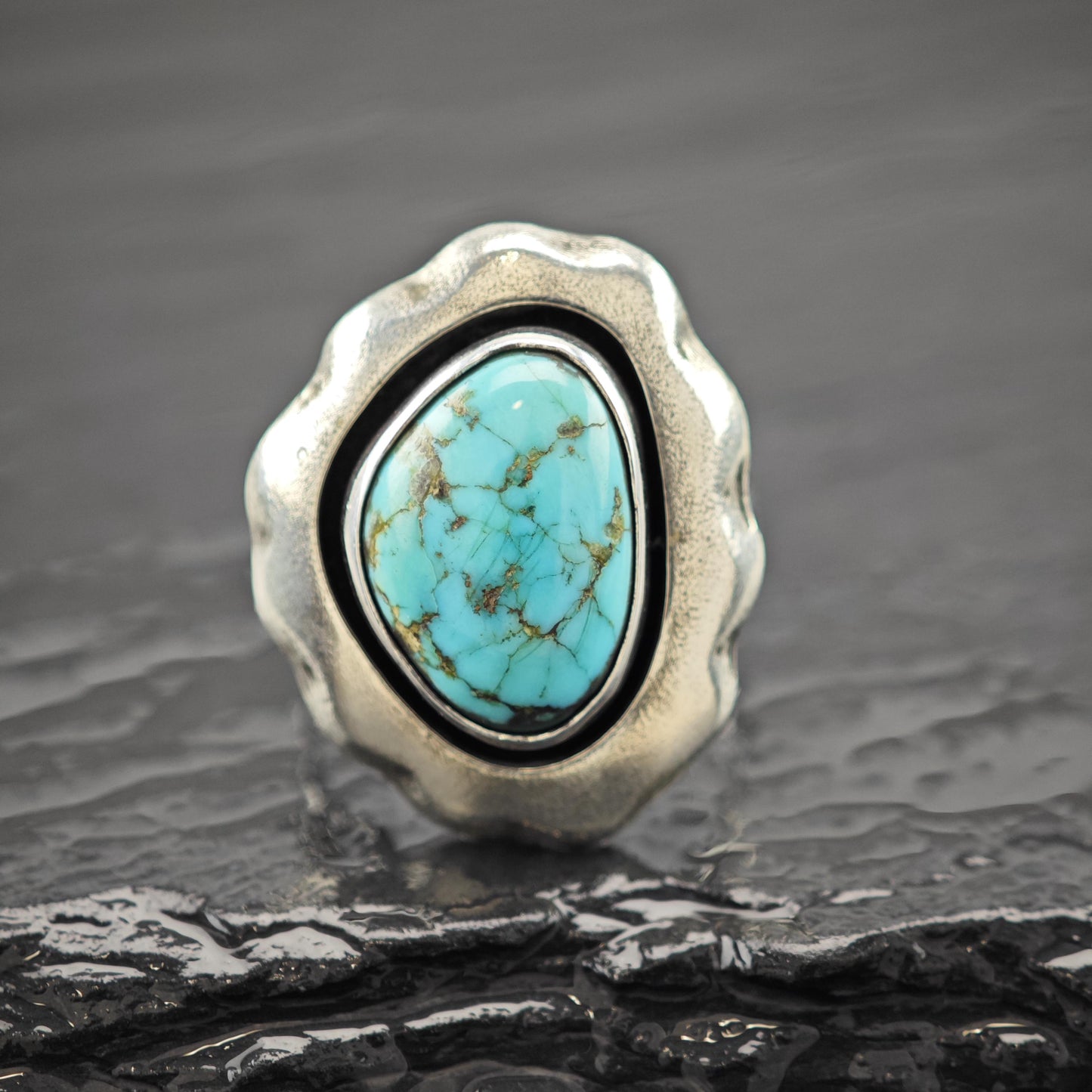 Native American Spiderweb Turquoise Shadowbox Ring Sterling Silver Size 5 3/4