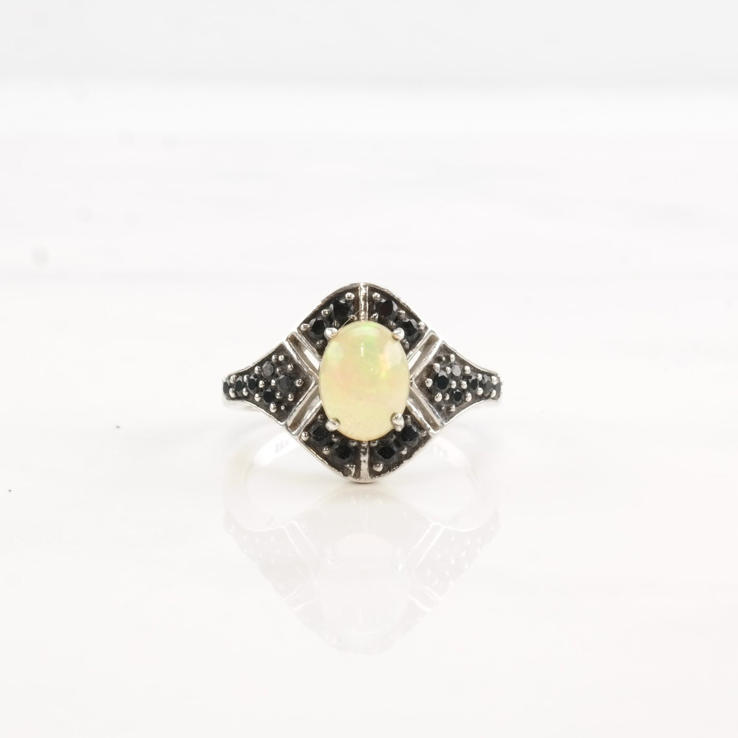 Vintage Sterling Silver Ring Opal Onyx Cluster Size 6 1/4