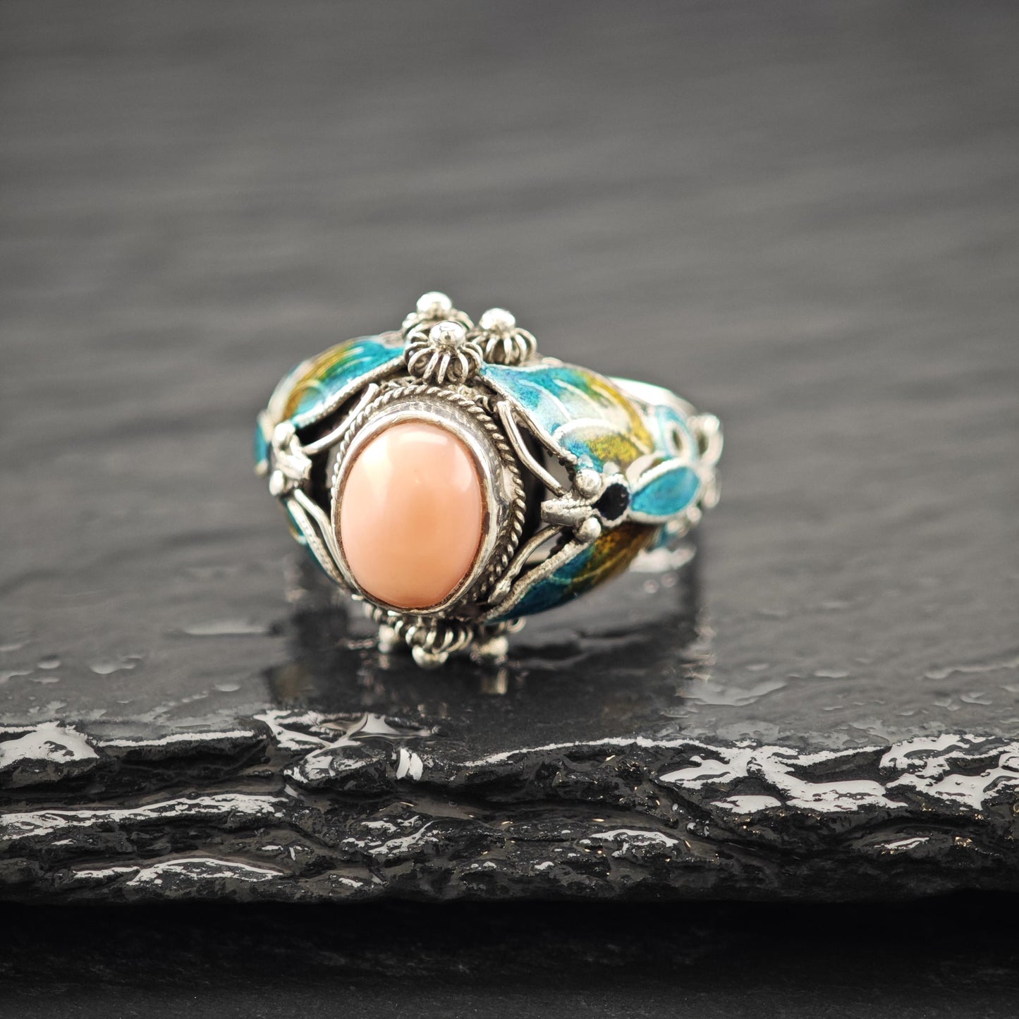 Chinese Export Enamel Butterfly Ring Sterling Silver Size 6