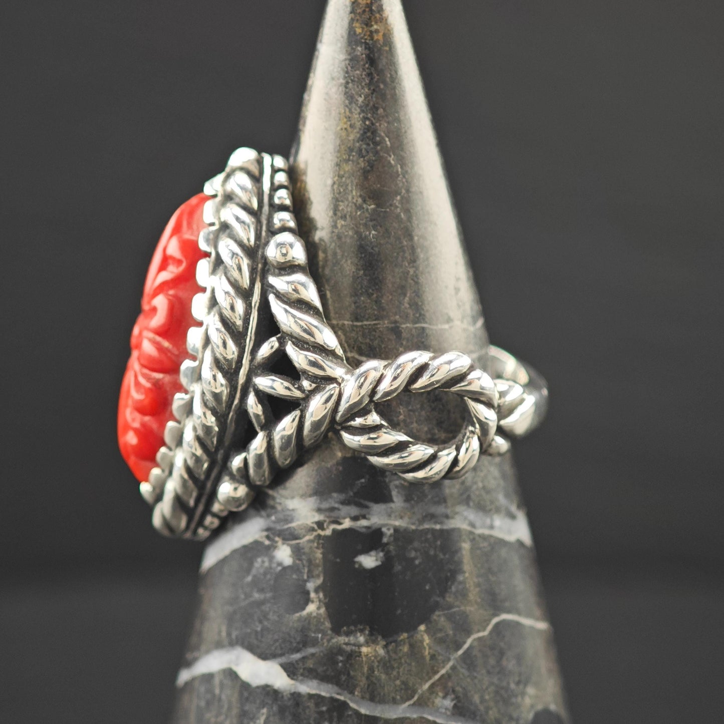 Carolyn Pollack Carved Red Floral Ring Sterling Silver