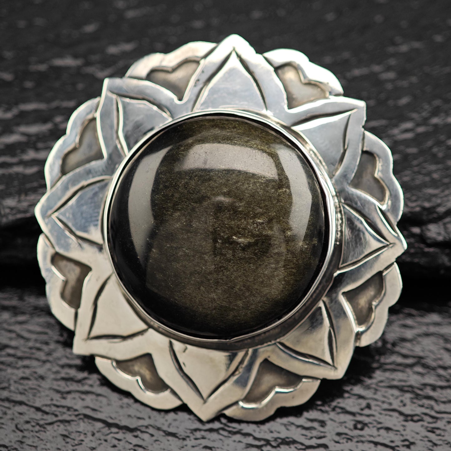 Vintage Taxco, Golden Sheen Obsidian Floral Pendant/Brooch Sterling Silver