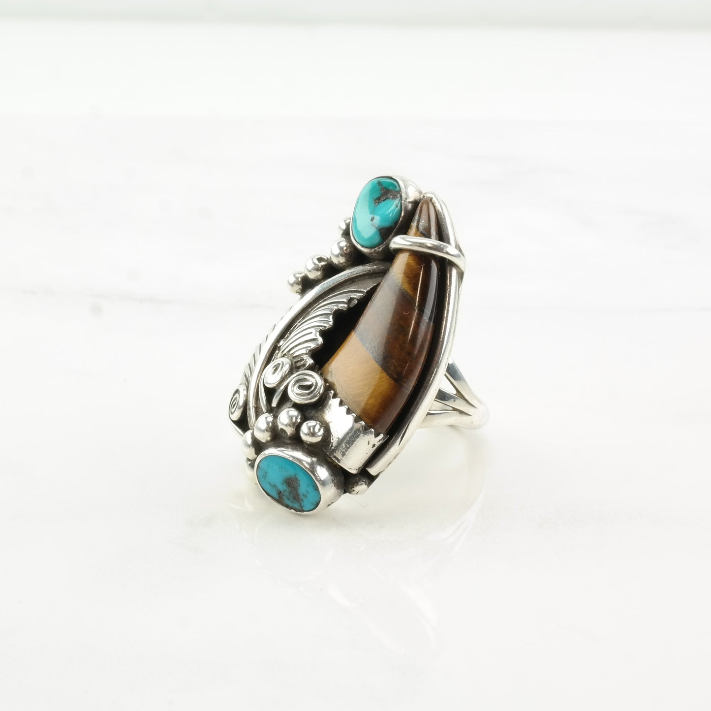 Native American Silver Ring Turquoise Tiger Eye Leaf Swirl Sterling Size 8 3/4