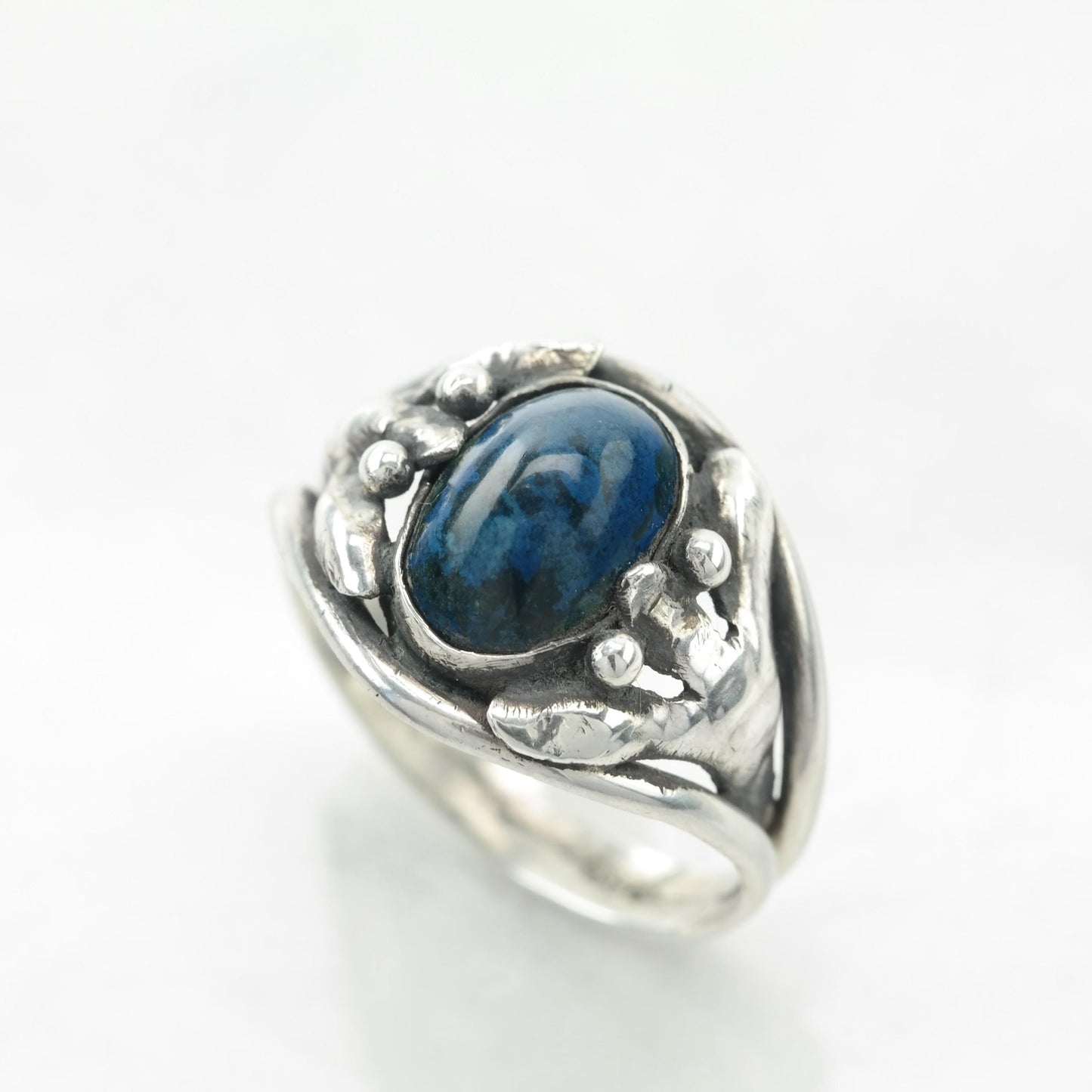 Blue Agate Art Nouveau Silver Ring Sterling Size 6 1/2