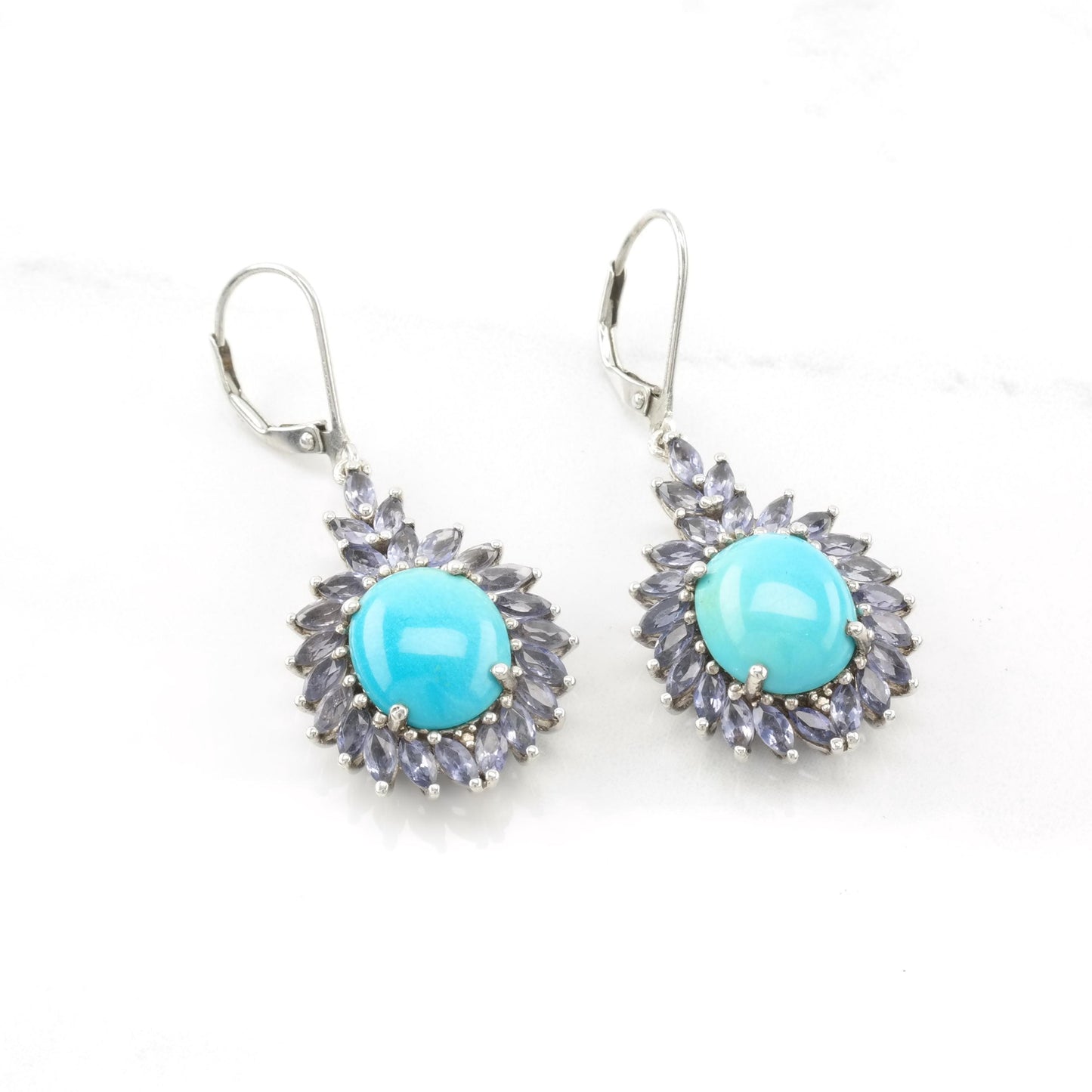 Vintage Sleeping Beauty Turquoise Sterling Silver Lever Back Earrings with Tanzanite