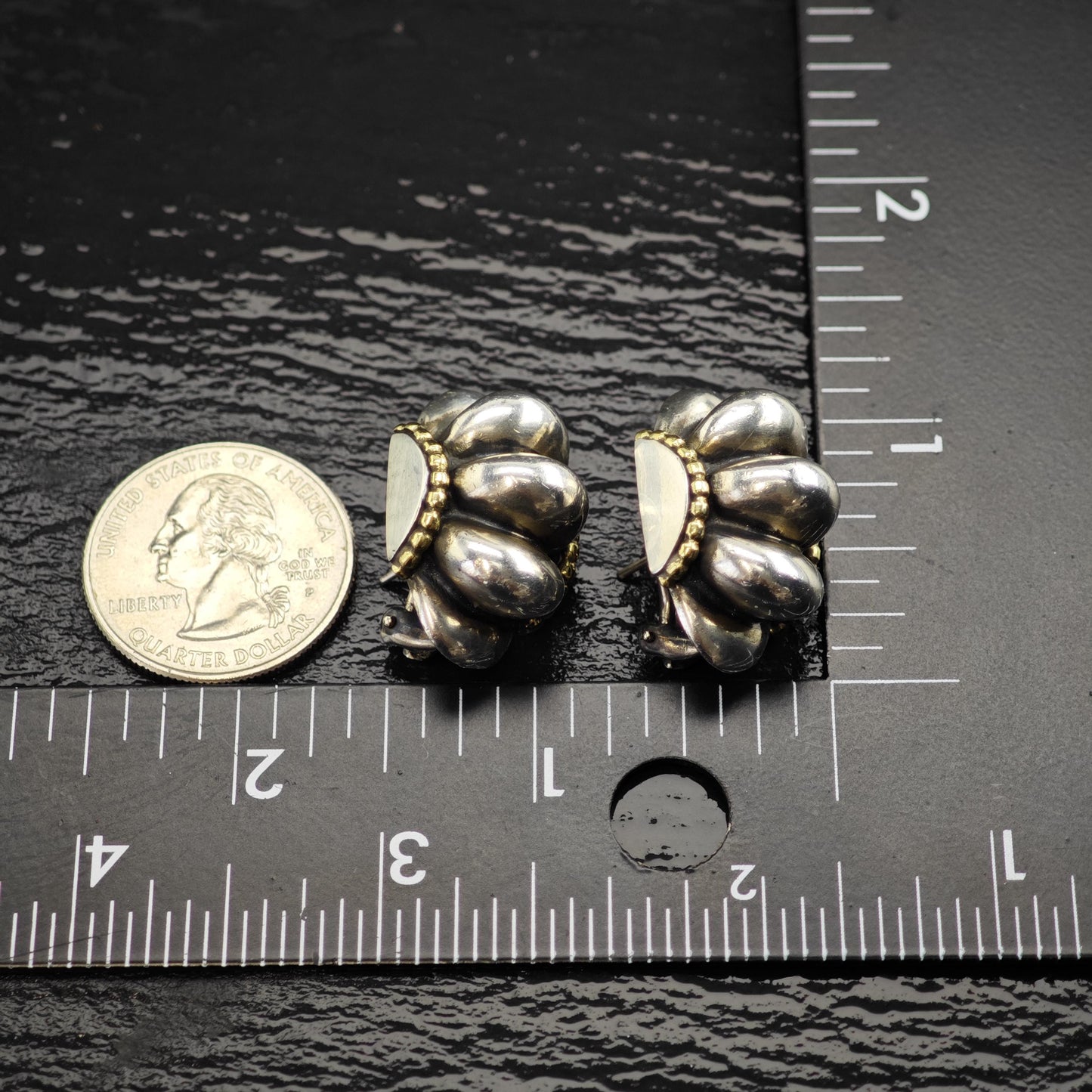 18K Gold Accent Scalloped Stud/Omega Back Sterling Silver Earrings ER3124