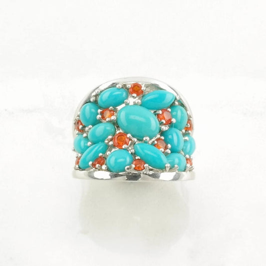 Vintage Sterling Silver Ring Citrine, Block Turquoise Cluster, Stamped Orange, Blue Size 5