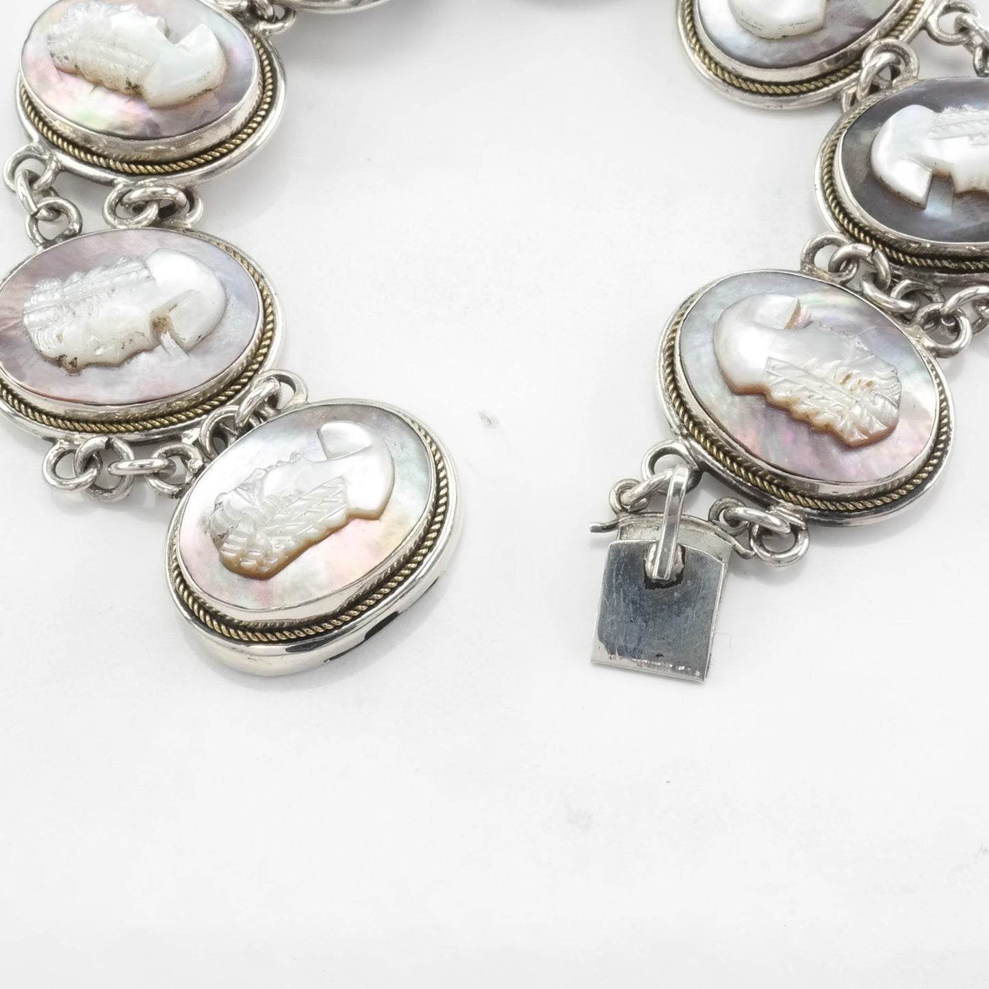 Vintage Cameo Bracelet 800 Sterling Silver Link Abalone Portrait