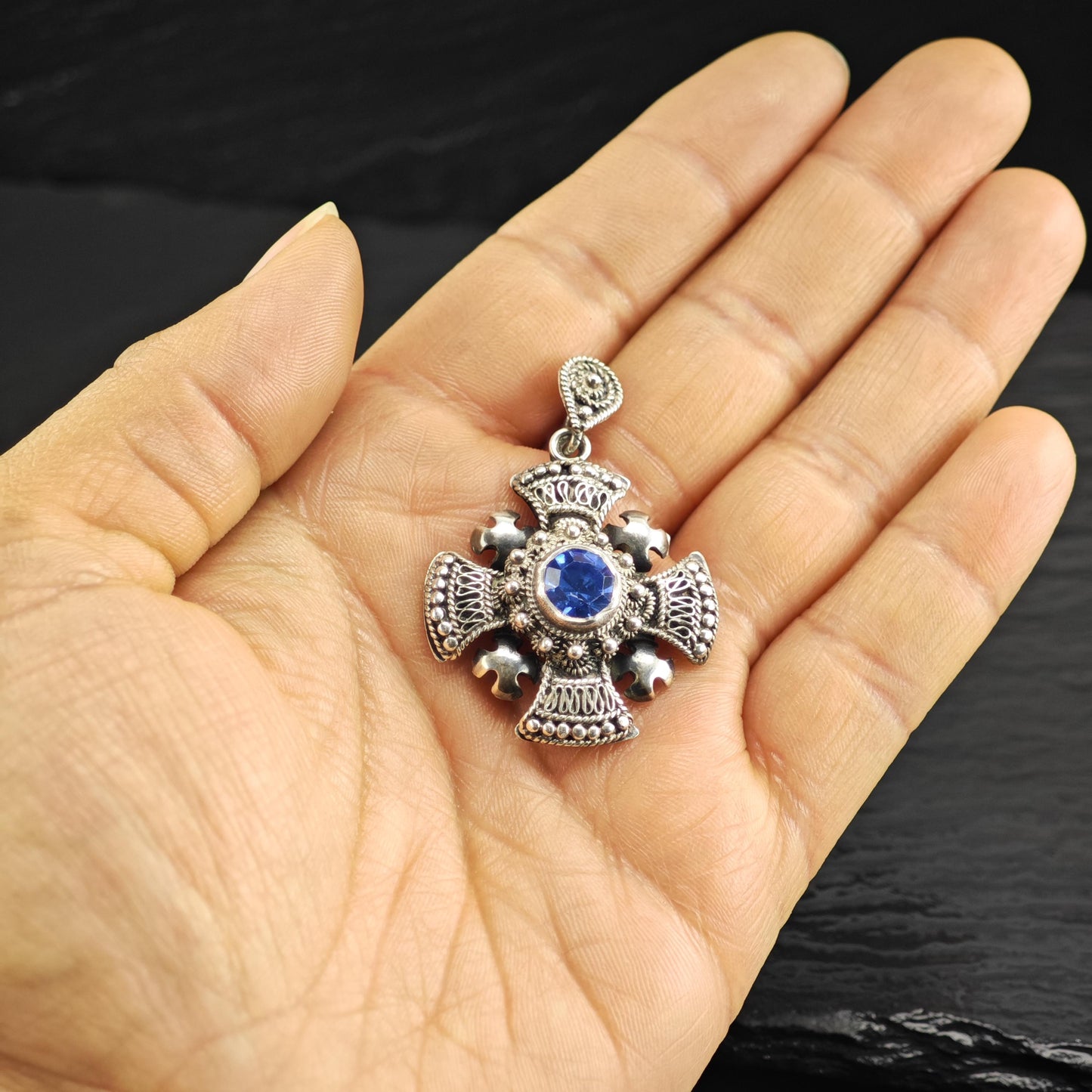 Blue Stone Jerusalem Cross Pendant Sterling Silver P3074