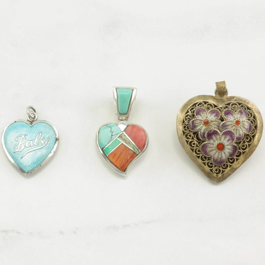 Vintage Enamel, Gemstone Inlay Heart Sterling Silver Pendant