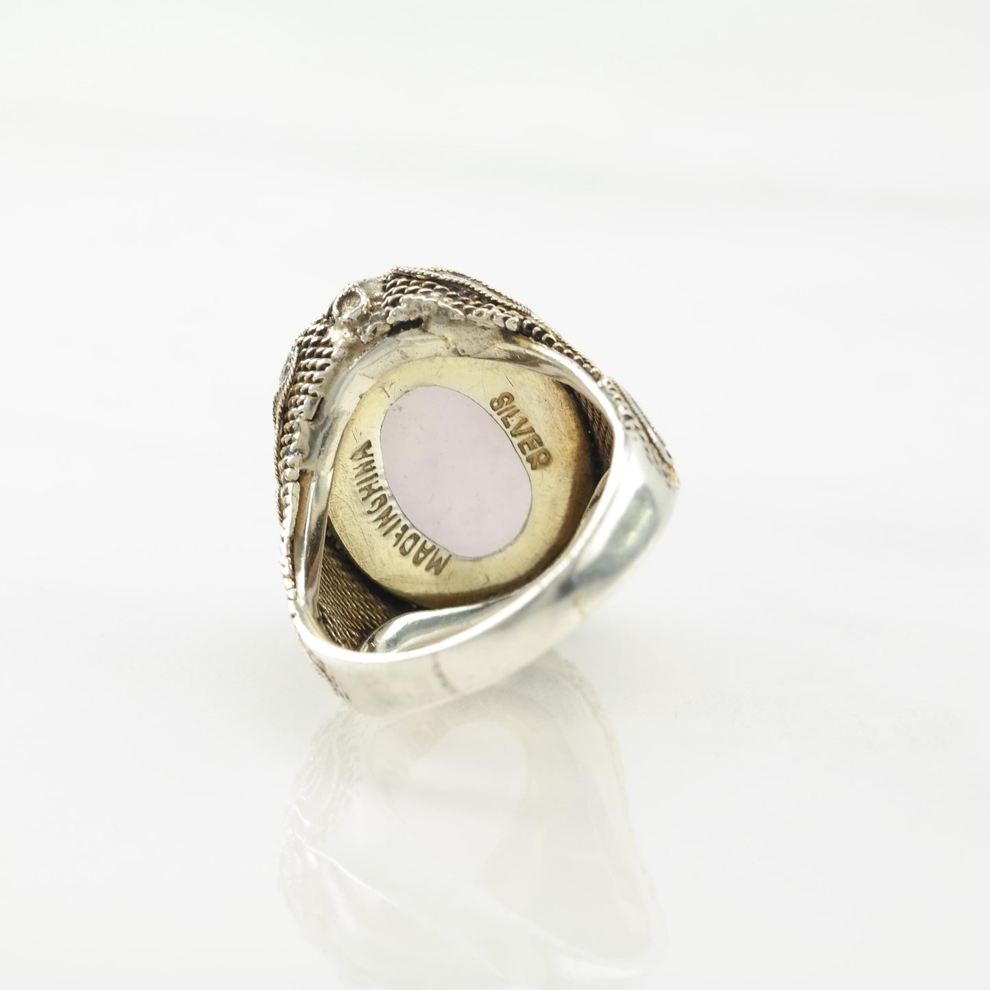 Chinese Export Silver Ring Amethyst Large,Filigree Sterling Pink, Copper Tone Sz8 R5632