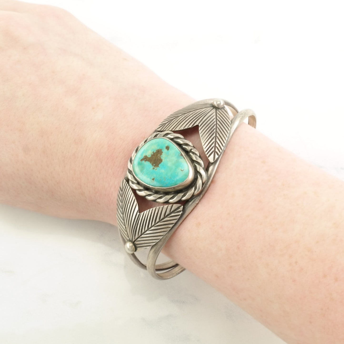 Sterling Silver Cuff Bracelet Blue Turquoise Leaf