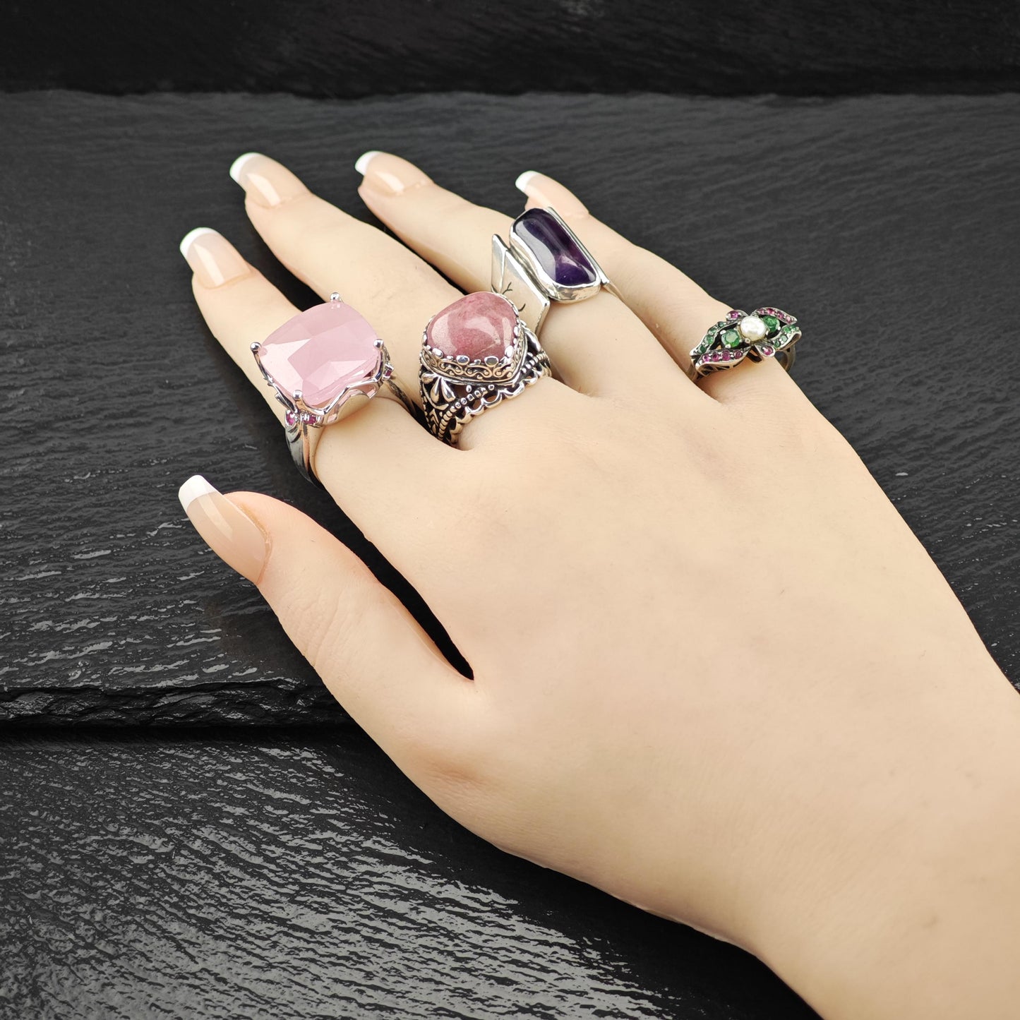 Antique Victorian Emerald Ruby Natural Pearl Ring Sterling Silver Size 6 3/4