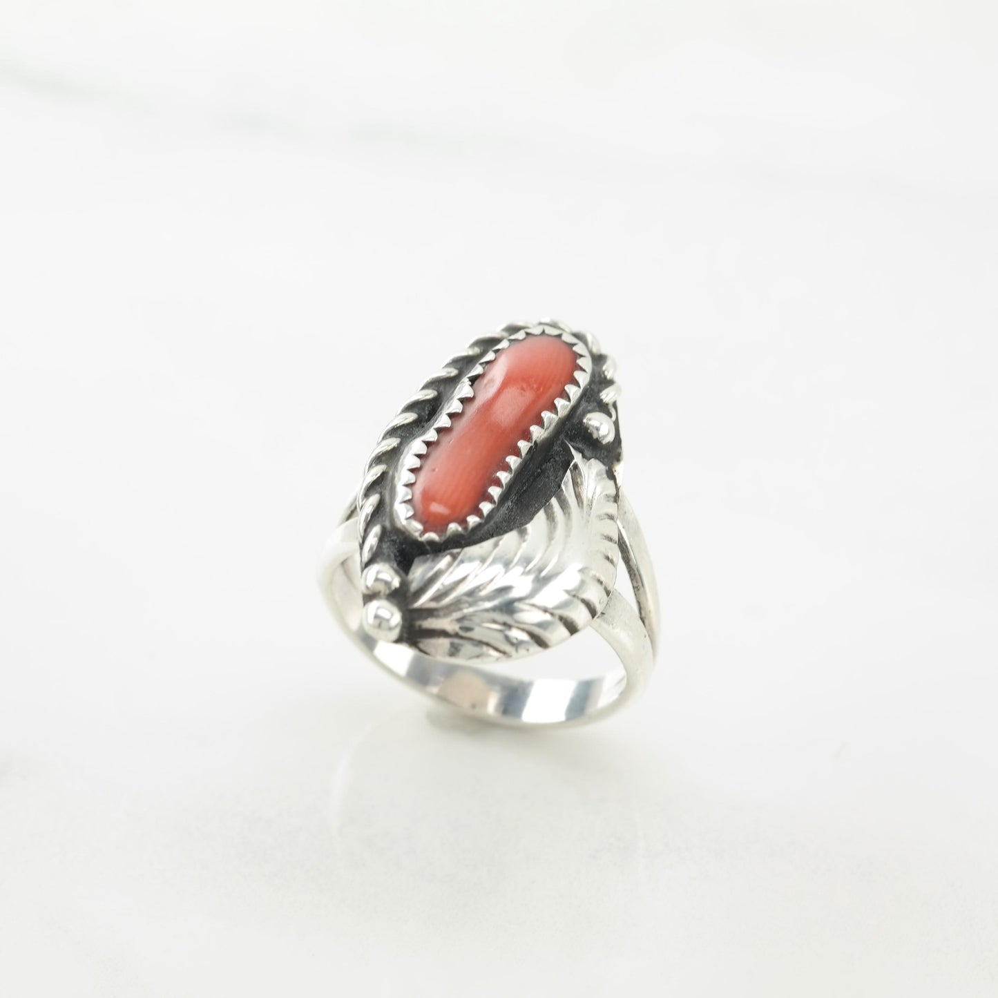 Native American Coral, Floral Sterling Silver Ring Size 6 1/2