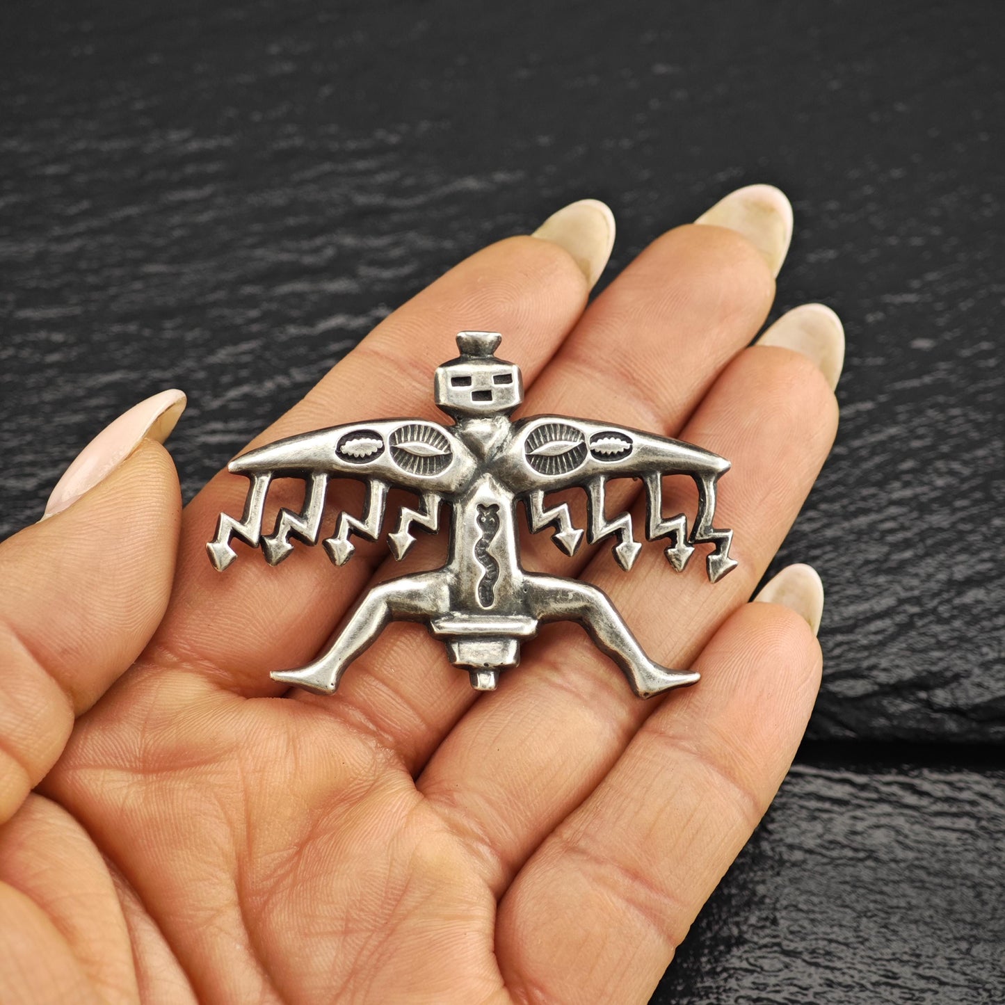 Vintage Native American Sterling Silver Knifewing Brooch Sandcast Design