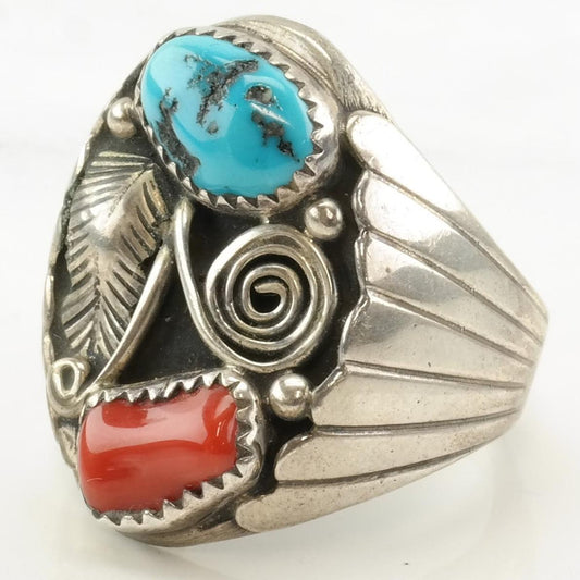 Vintage Native American Silver Ring Turquoise Coral Leaf Swirl Sterling Size 11