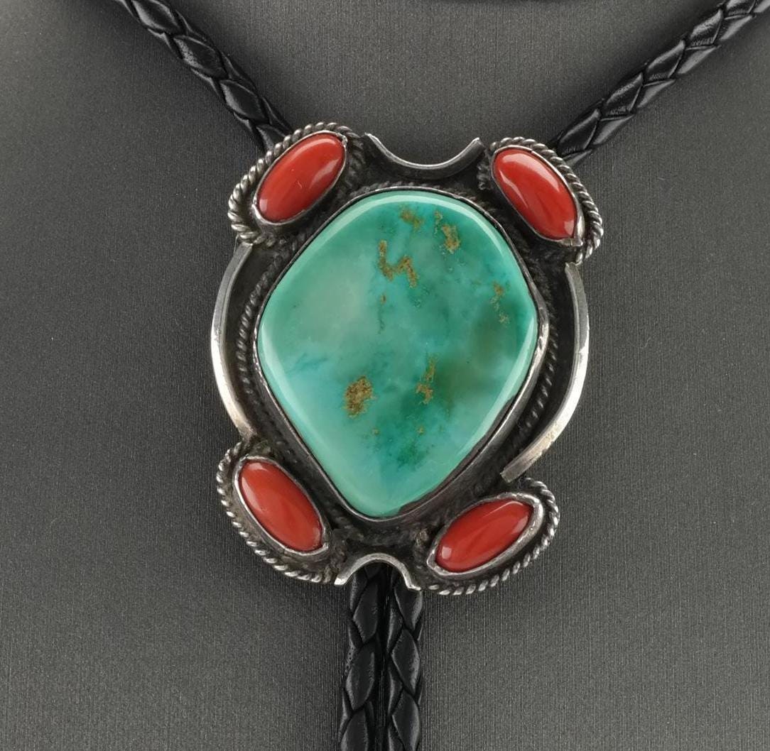 Native American Turquoise Coral Bolo Tie Sterling Silver Necklace