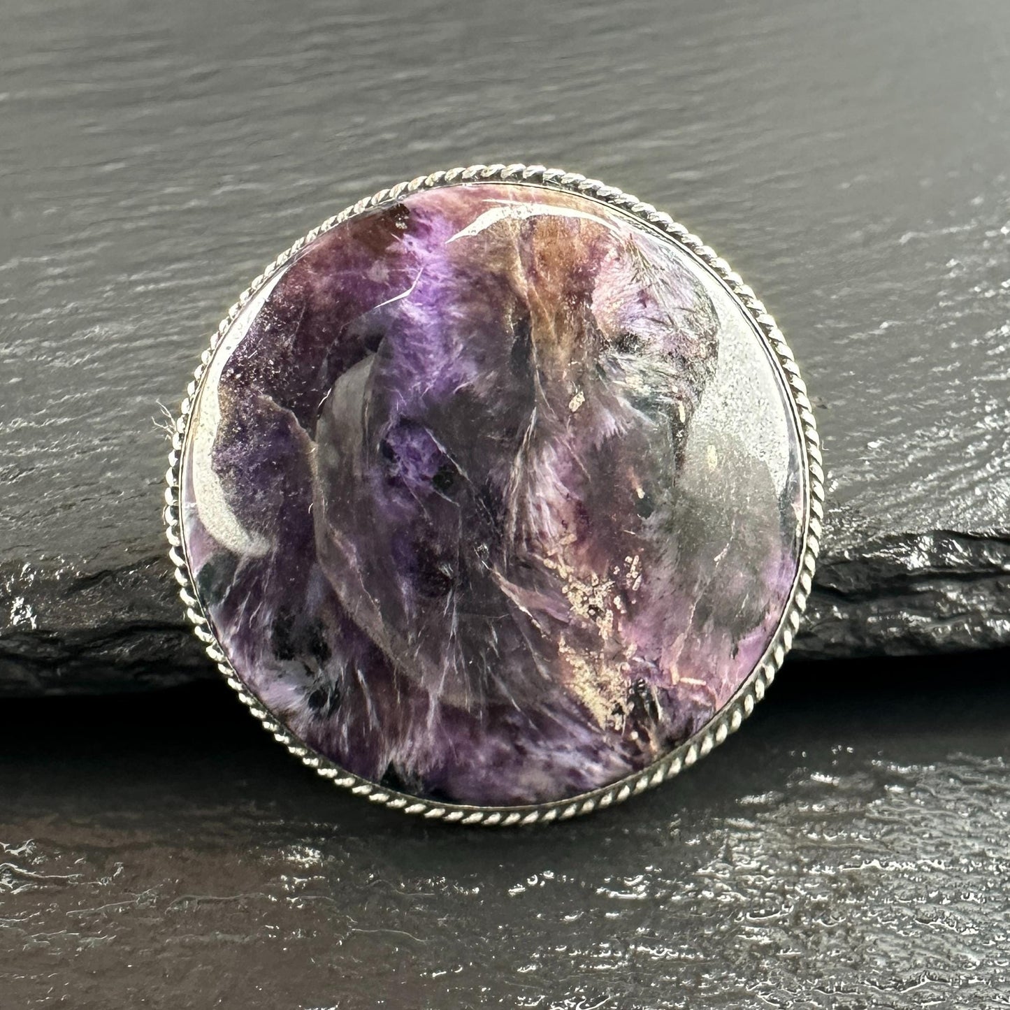 Charoite Round Brooch in Sterling Silver