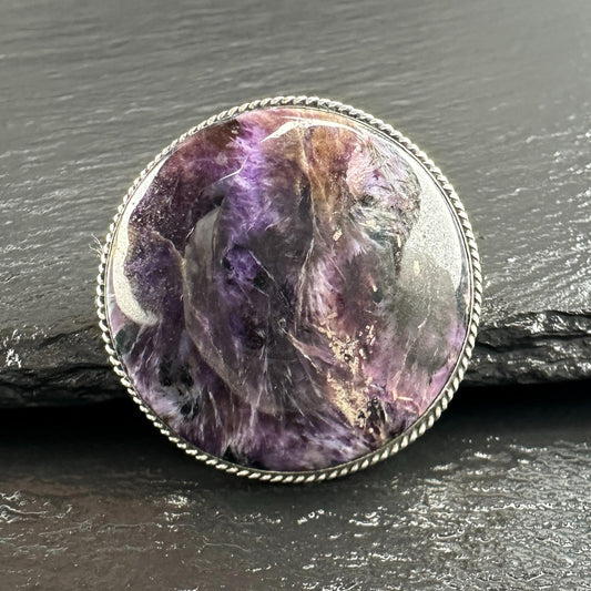 Charoite Round Brooch in Sterling Silver