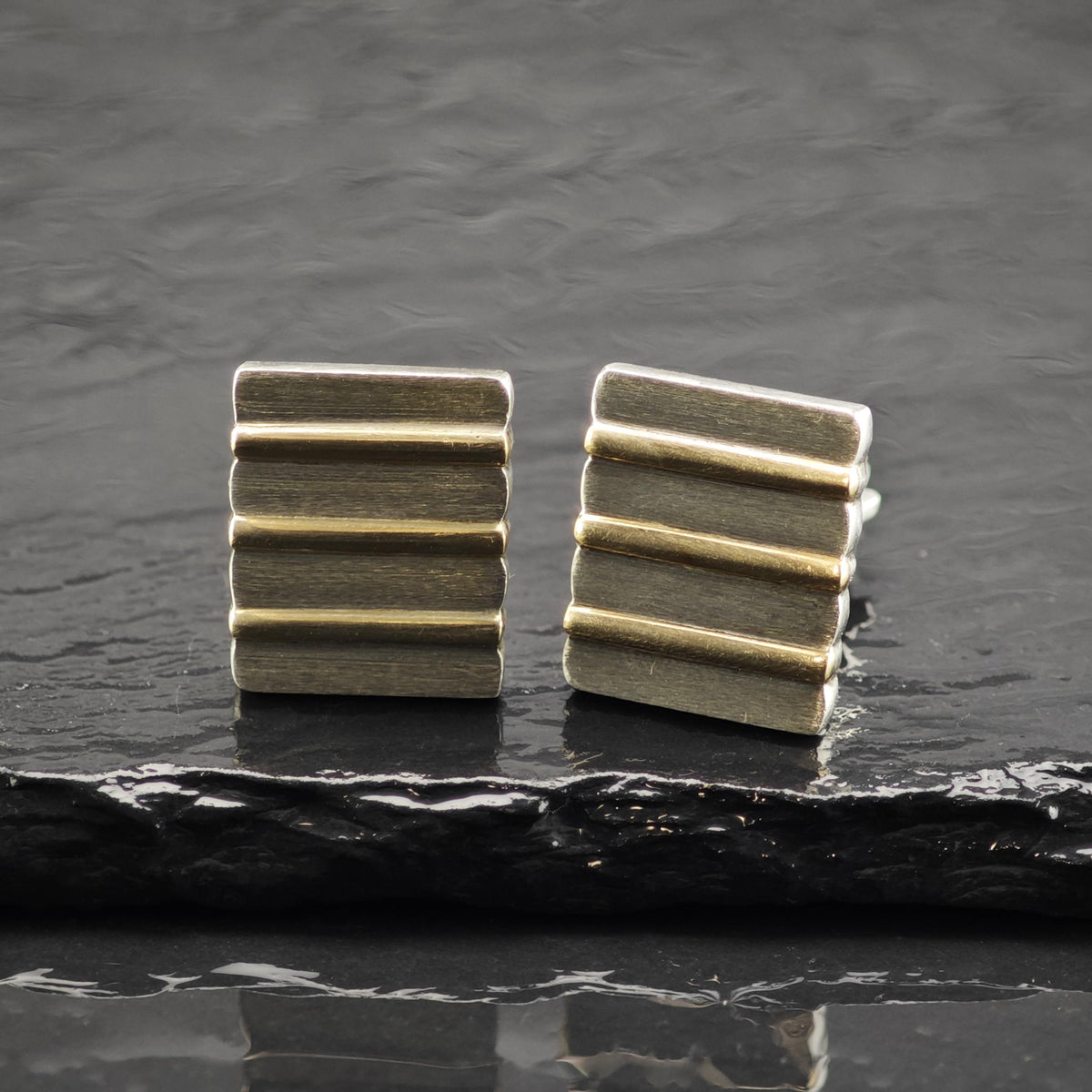 L&M Square 14K Gold Ribbed Accent Sterling Silver Cufflinks MISC0431