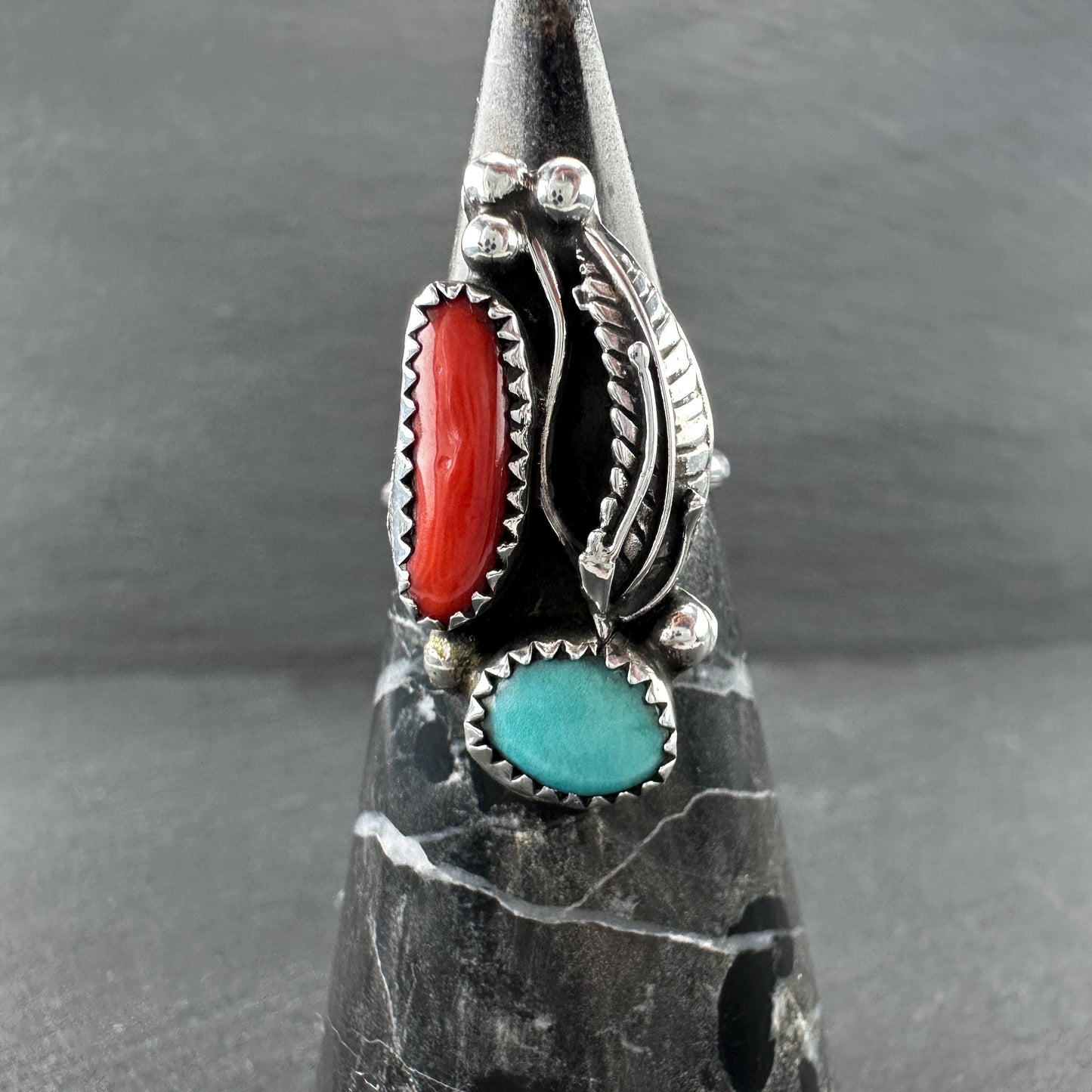 Native American, Coral, Turquoise Ring Sterling Silver