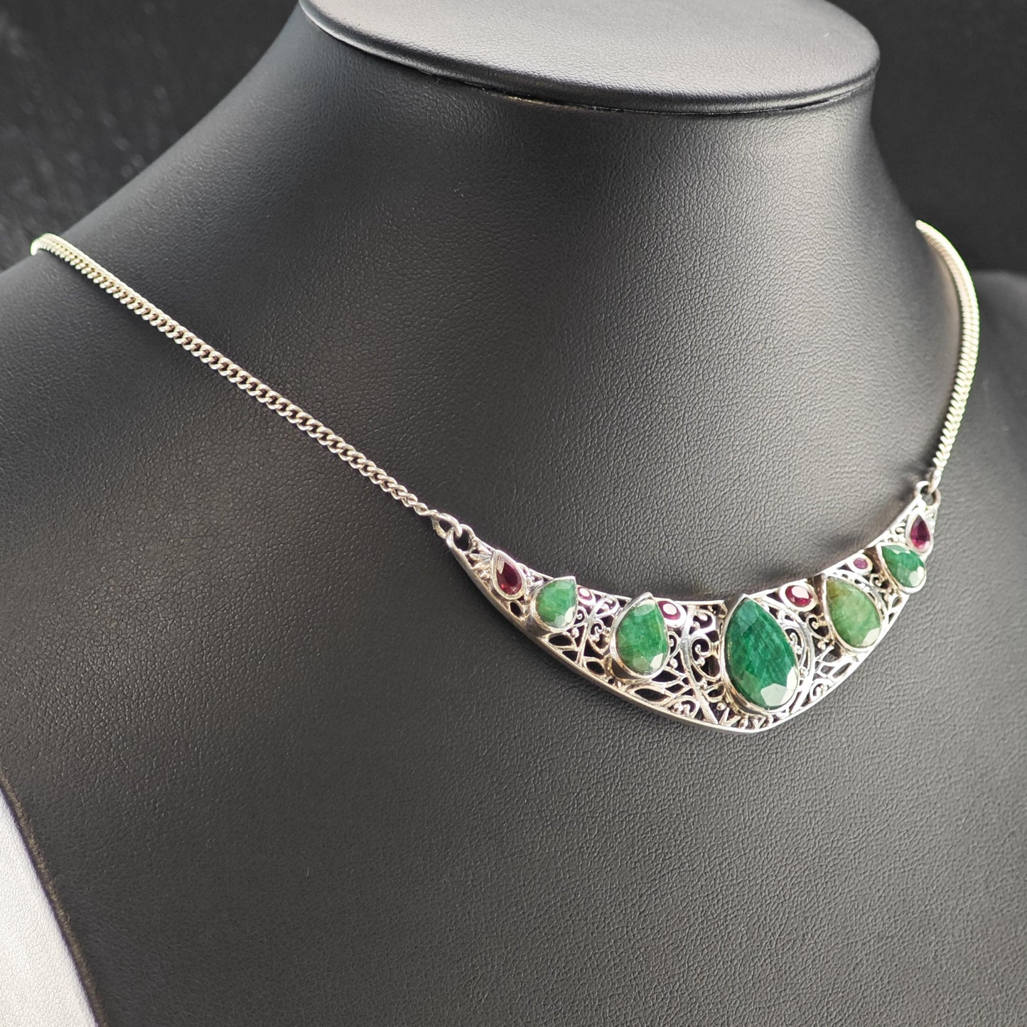 Sterling Silver Emerald Ruby Teardrop Necklace 20" N2633