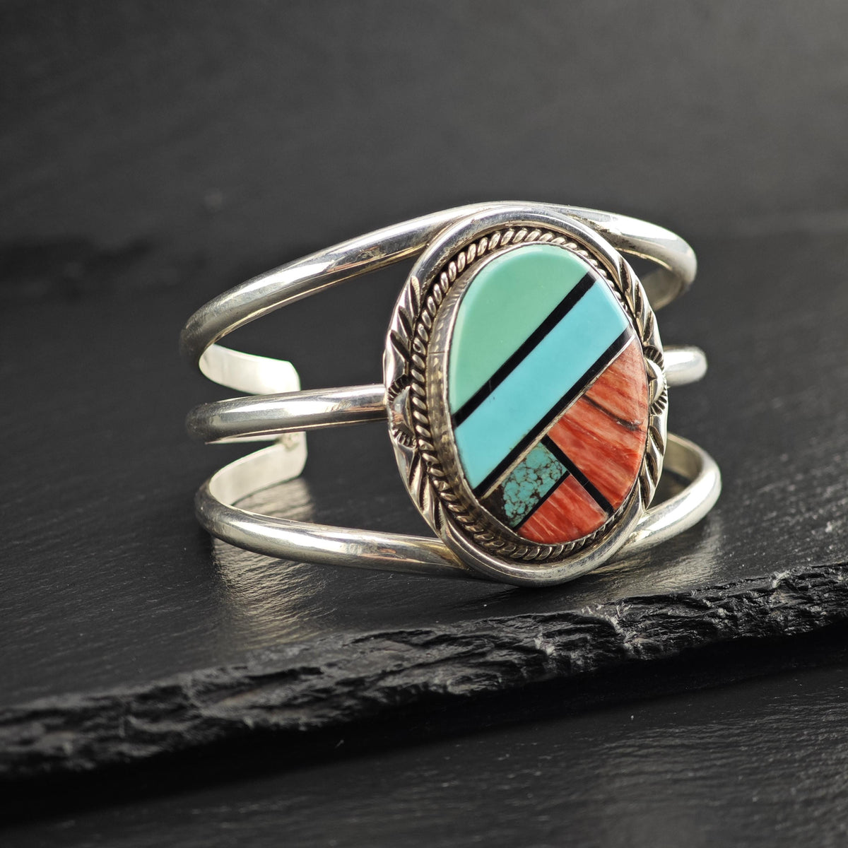 AS IS Turquoise & Spiny Oyster Inlay Sterling Silver Cuff Sz 5 3/4" BR3139