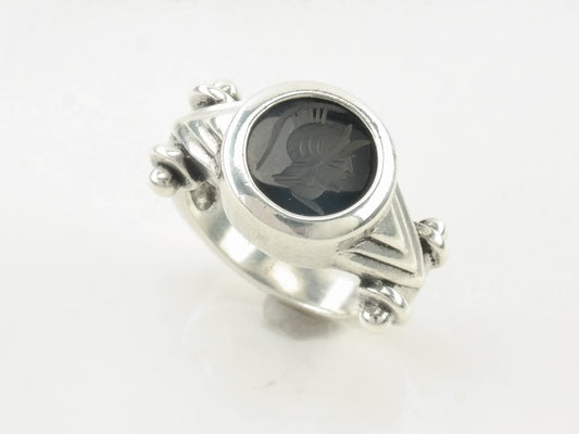 Sterling Silver Ring Onyx Intaglio Roman Soldier Black Size 4 1/4