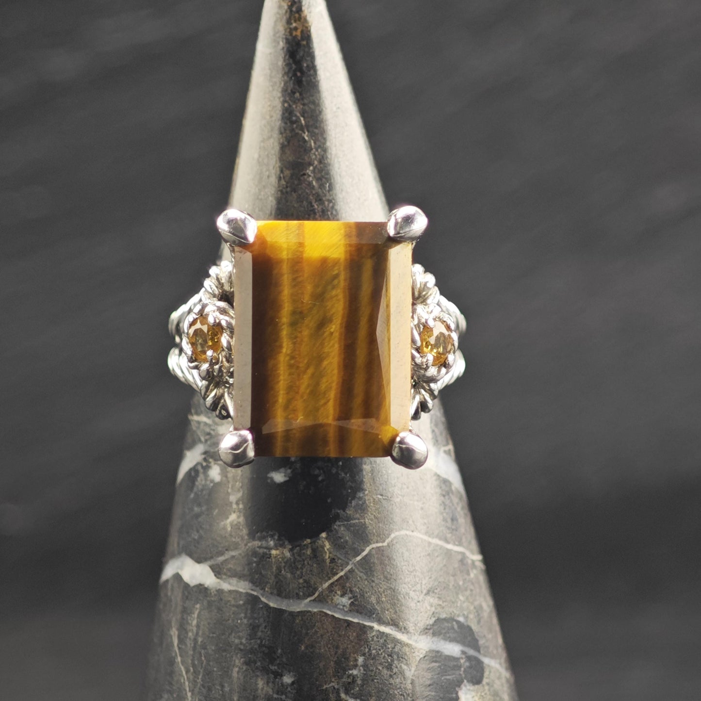 Judith Ripka Tiger's Eye, Citrine Sterling Silver Ring Sz 7 R6742