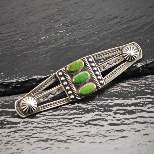 Fred Harvey Era Green Turquoise Stamped Sterling Silver Brooch B2271
