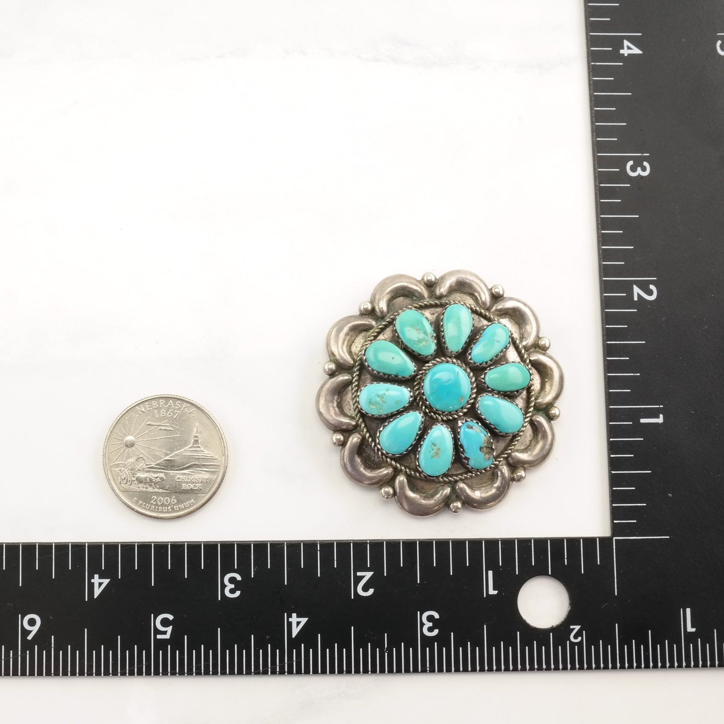 Native American Sterling Silver Brooch Pendant Flower Cluster Turquoise