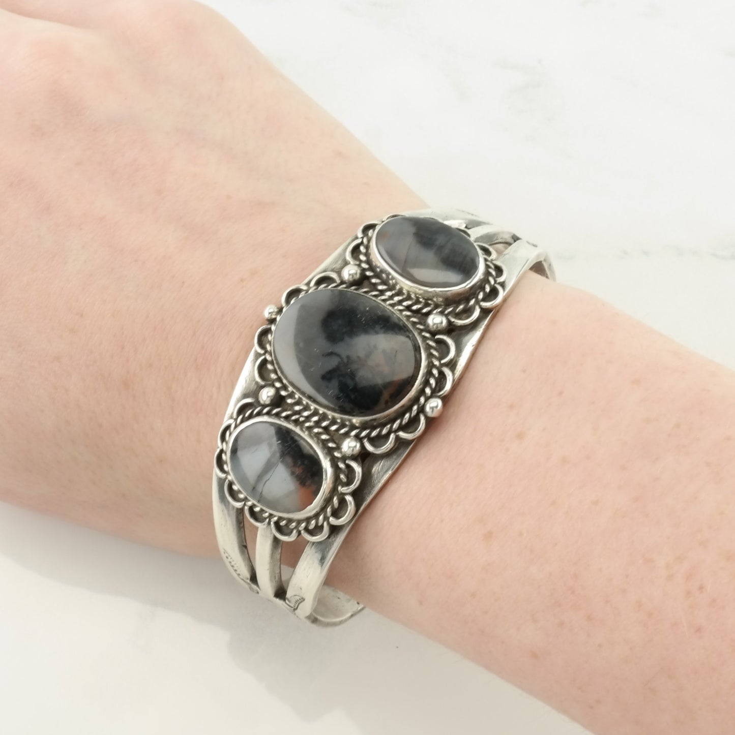 Fred Harvey Era Sterling Silver Cuff Bracelet Petrified Wood Stamped