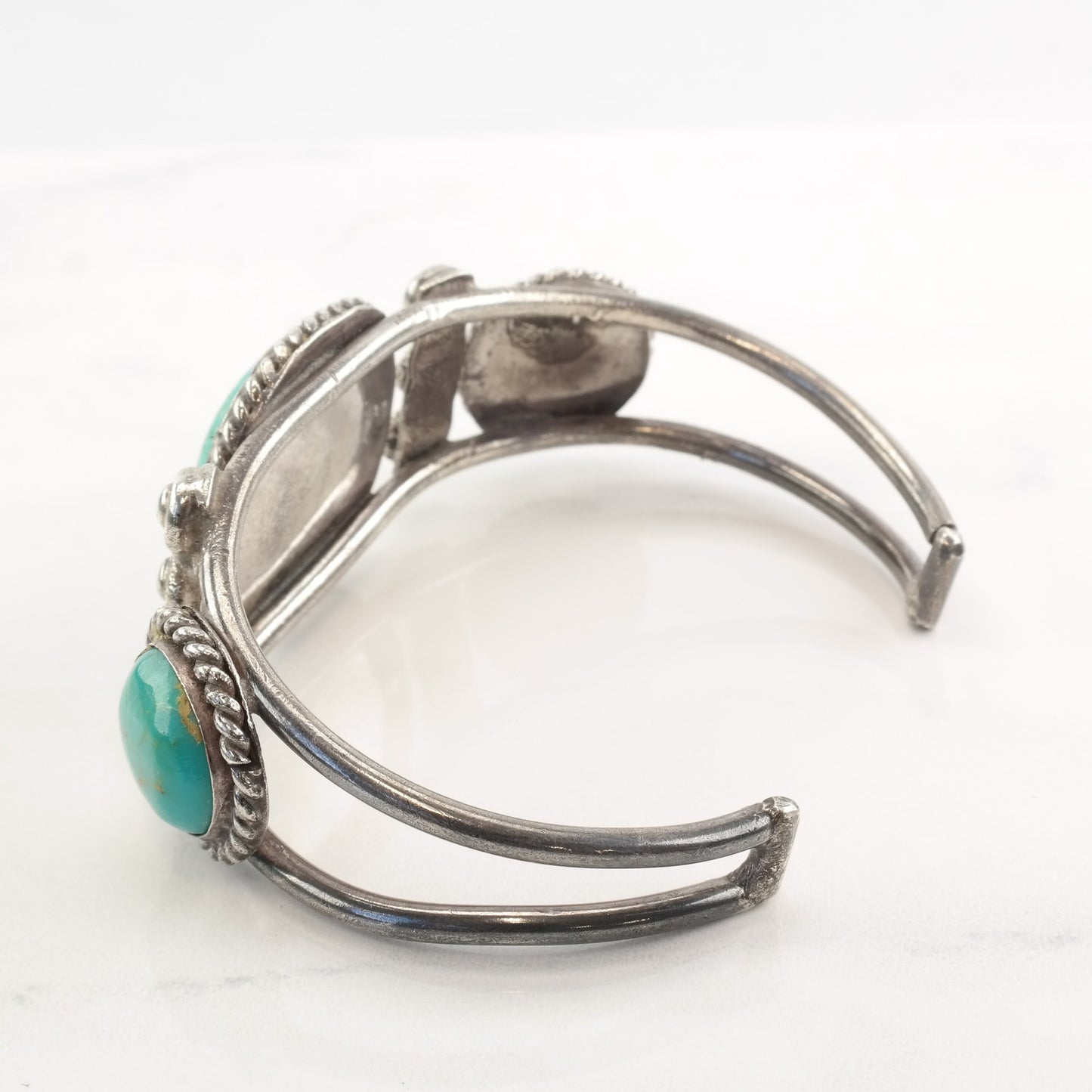 1950 Native American Sterling Silver Cuff Bracelet Turquoise Three Stone
