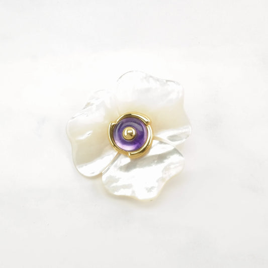 Vintage Kai-yin Lo Sterling Silver Brooch Floral Purple MOP, Gold Toned Accents, Amethyst