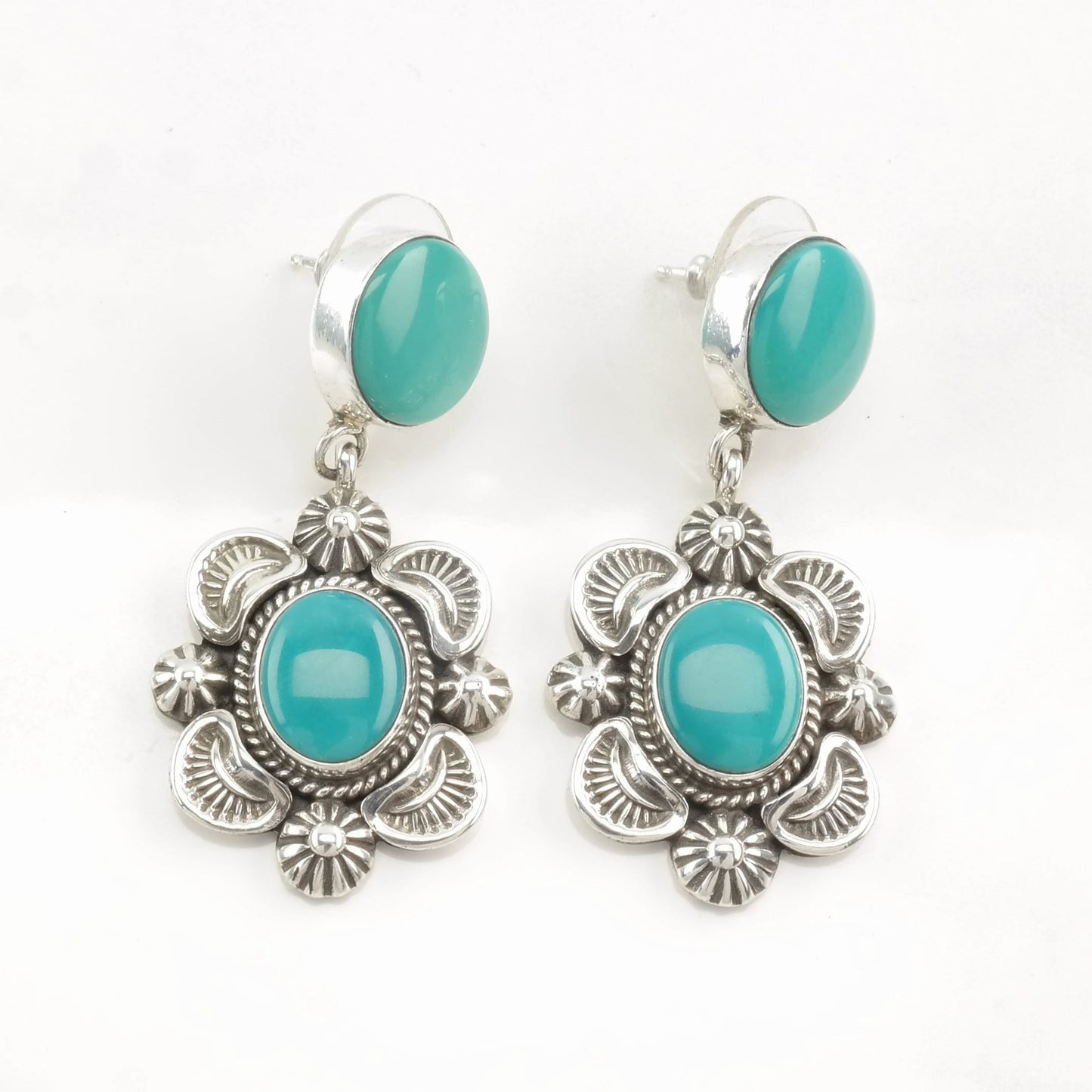 Navajo Sterling Silver Blue Turquoise Floral Earrings Stud, Dangle