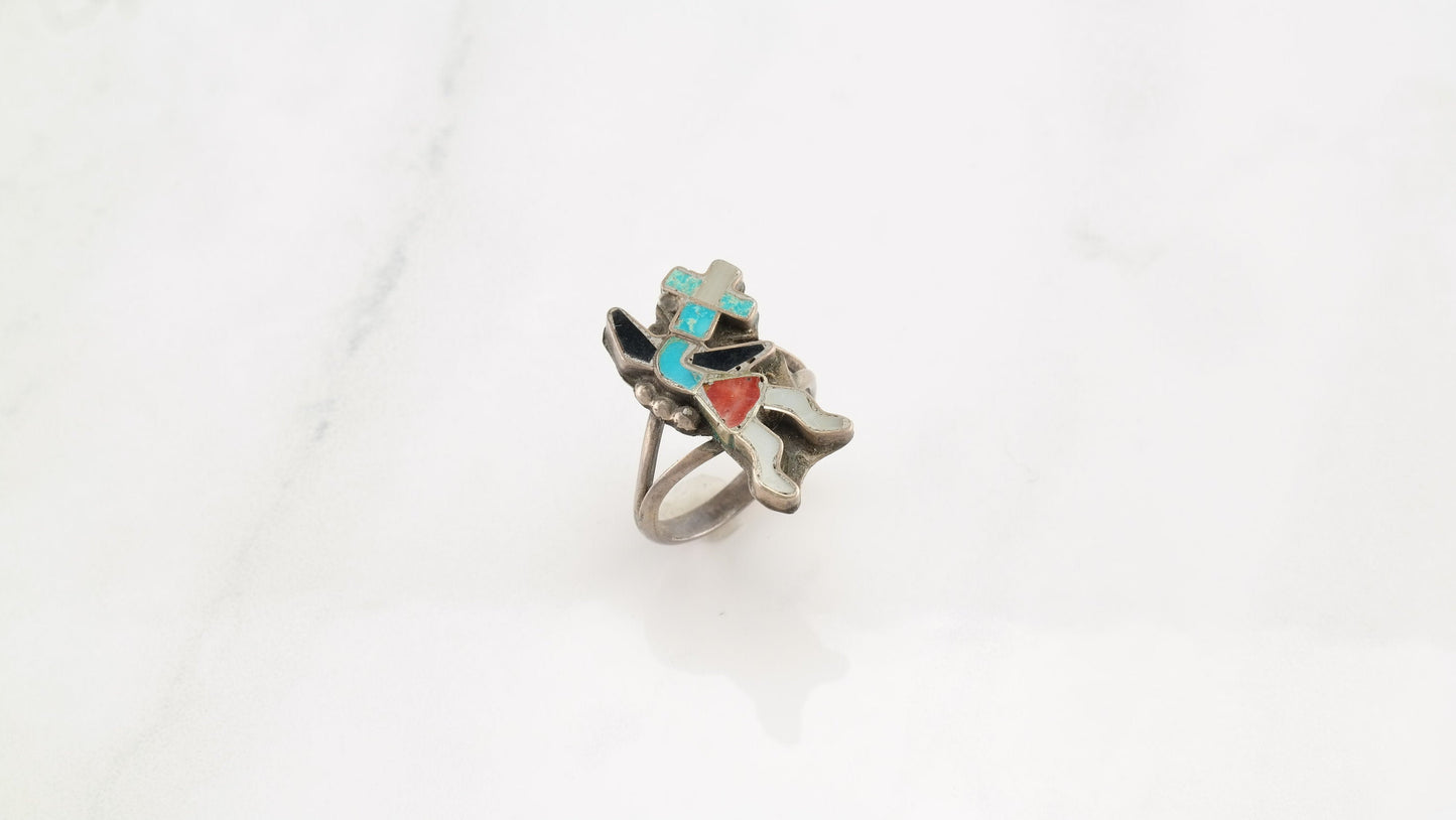 Native American Silver Ring Turquoise, Coral, Jet, MOP Inlay, Raindancer Sterling Size 5