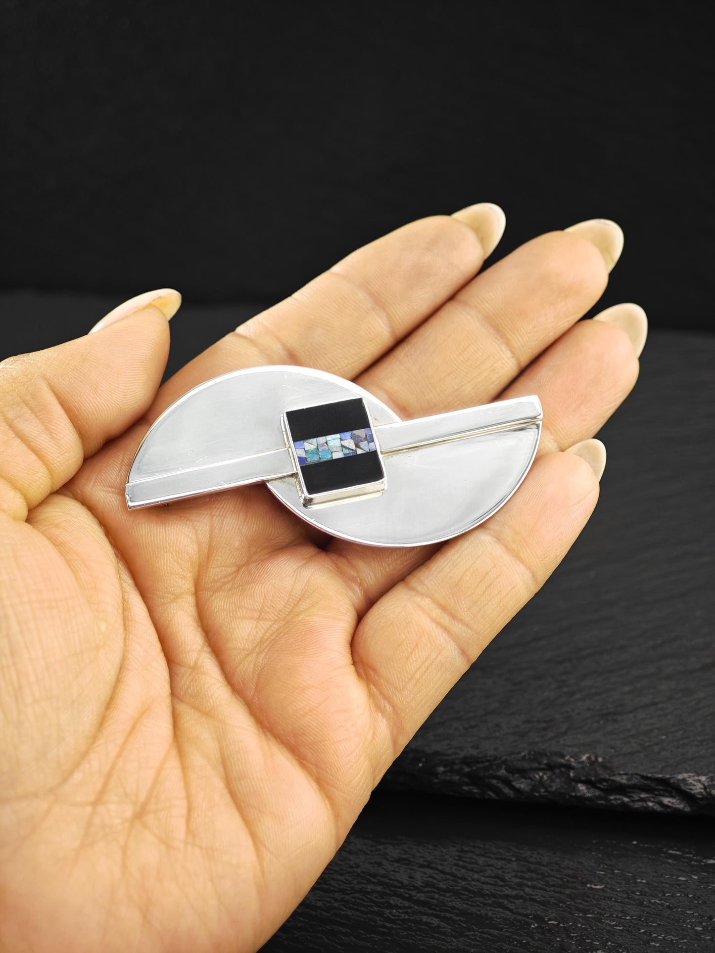 Modernist Opal, Onyx Brooch Sterling Silver