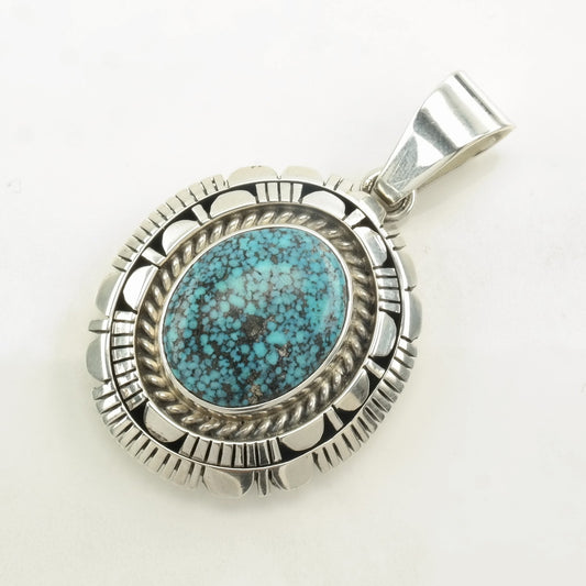 Native American Spiderweb Turquoise Oval Sterling Silver Pendant