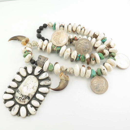 Iron Wolf Thompson Sterling Silver Huge Bead, White Buffalo, Turquoise, Howlite, Lava Rock Morgan Dollars Necklace