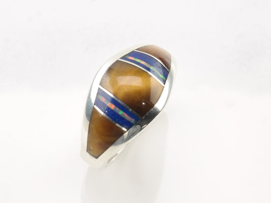 Sterling Silver Ring Tiger's Eye Lapis Lazuli Opal Inlay Size 8 1/4