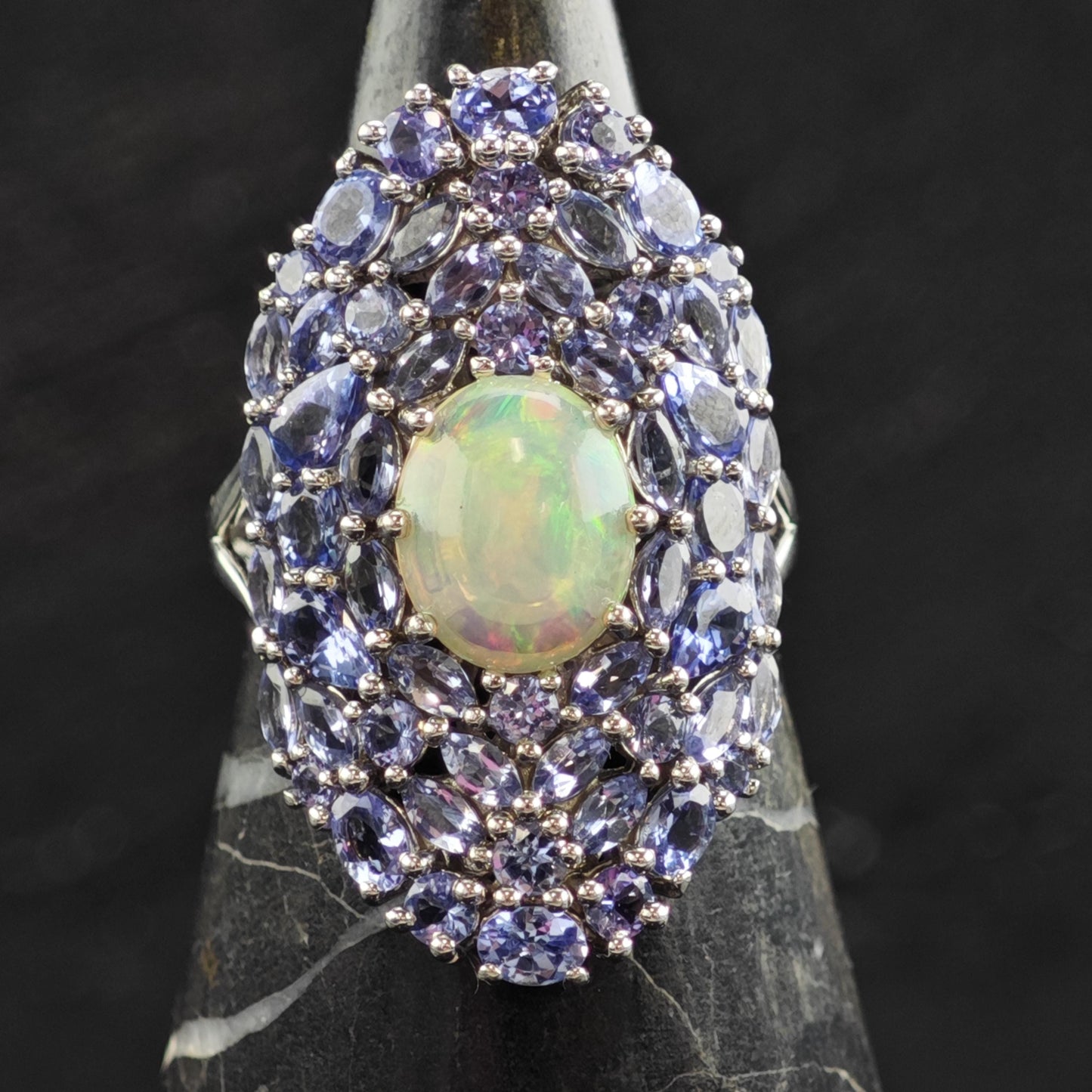 Opal & Tanzanite Cluster Sterling Silver Ring Sz 10 1/4 R6614