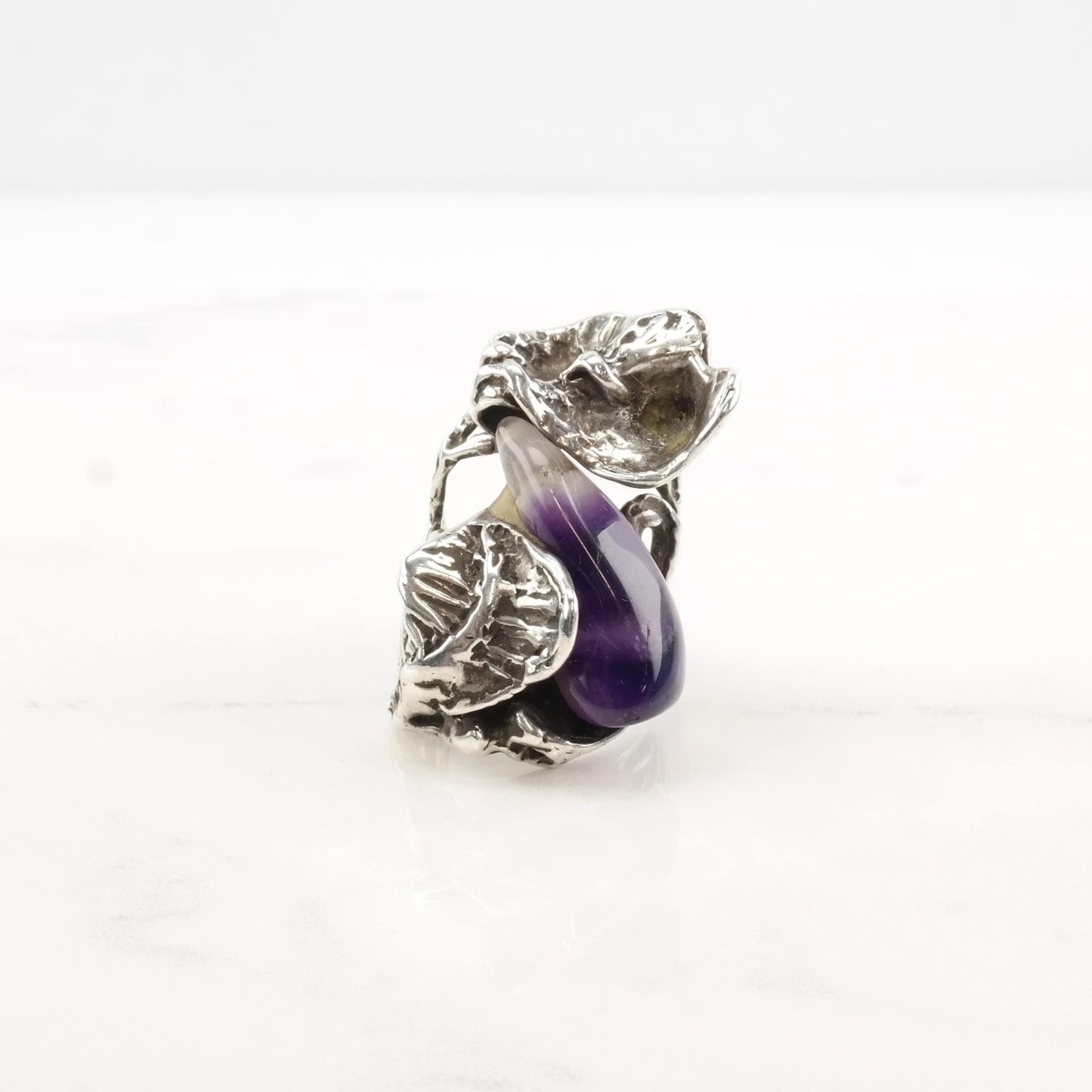 Brutalist Silver Ring Amethyst Leaf Flower Sterling Size 7 1/2