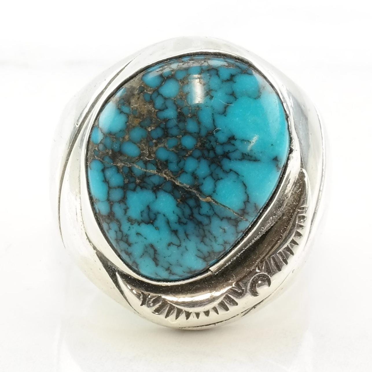 Vintage Native American Silver Ring Lone Mountain Spiderweb Turquoise Hairline Crack Sterling Size 8 1/4